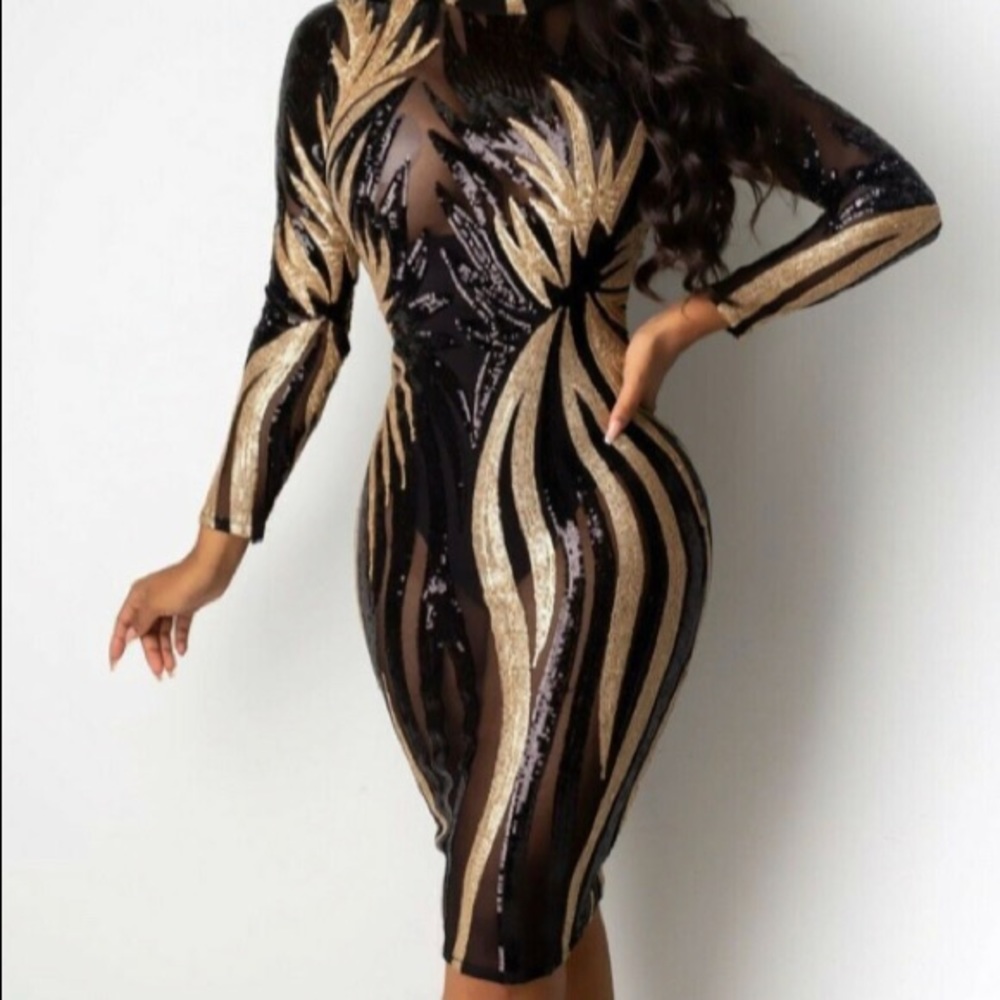 Sexy Clubwear Dress Gold Black Sequins Bodycon Party See-through Cocktail ✨